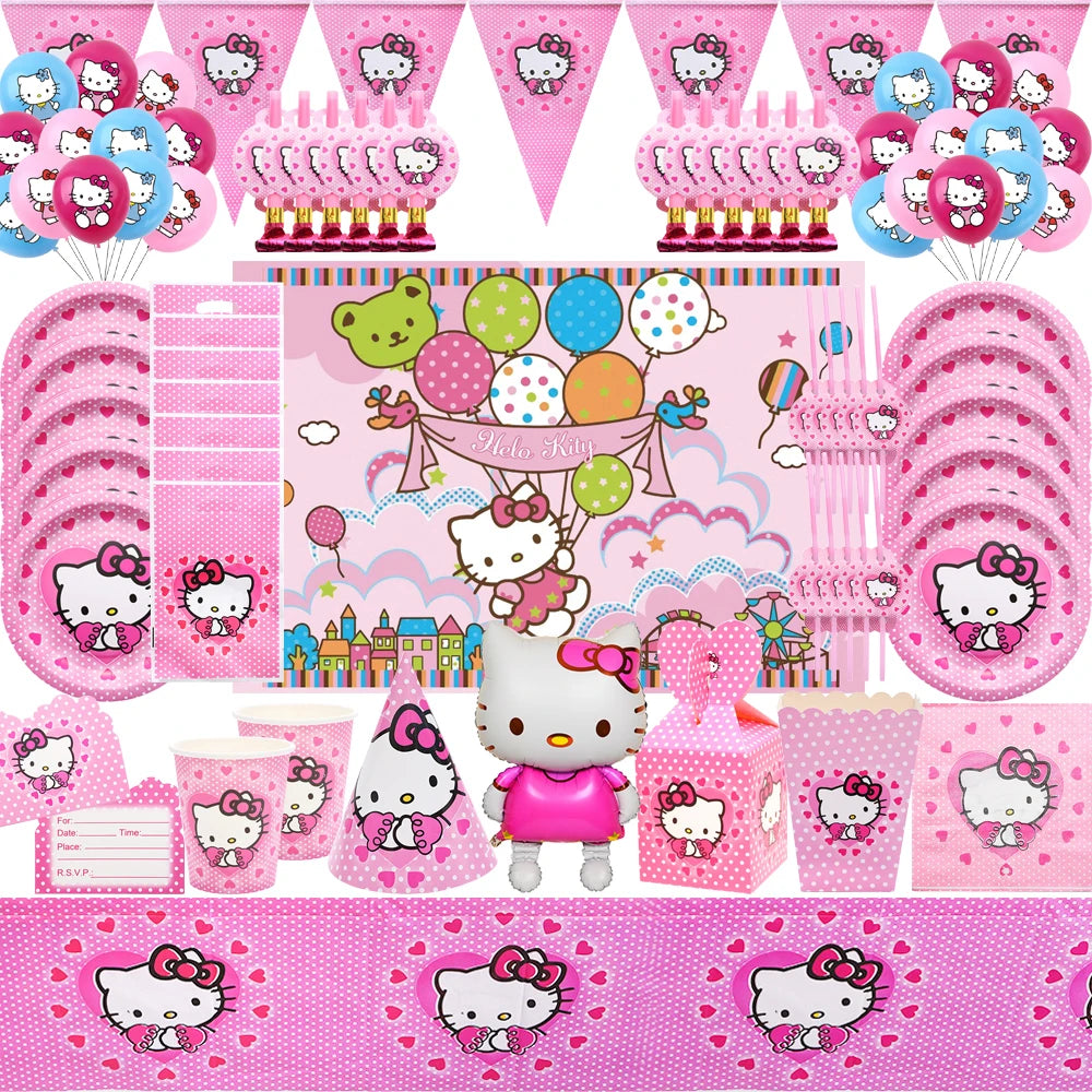 Hello Kitty Theme Girls Birthday Party Disposable Tableware Paper Cup Plate Balloon Kids Favors KT Balloon Party Decor Supplies Good Vibrations