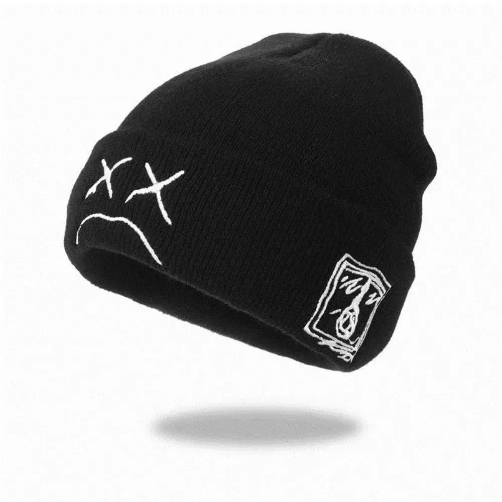 Hat Hip-hop Style Beanie Knitted Embroidered Knitted Hat With Sad Expression Warm Woolen Hat for Men and Women Fashion Cap Good Vibrations
