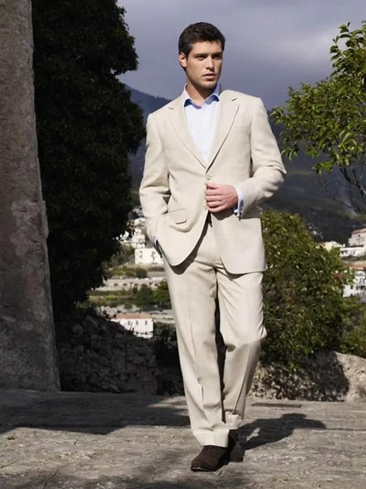 Mens Suits Latest Designs Beige Groom Tuxedos 2 Pieces (Jacket+Pants) Wedding Prom Dinner Italian Man Suit Notch Lapel Blazer Good Vibrations