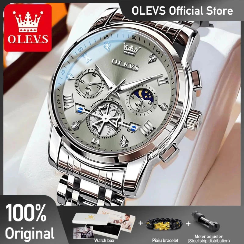 OLEVS men's stainless steel multifunctional quartz wristwatch with chronograph, moon phase, and waterproof design