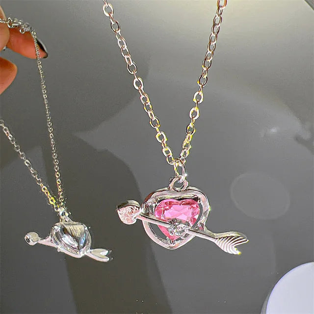 Y2K Pink Planet Heart Zircon Pendant Necklaces Women Fashion Aesthetic Clavicle Chain Necklace Valentines Day Gift Party Jewelry Good Vibrations