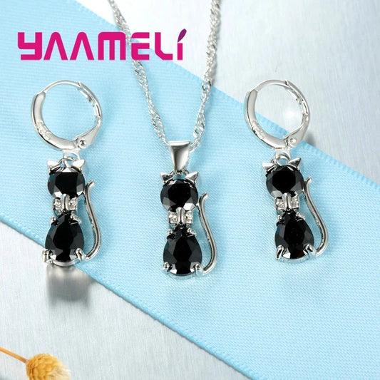 Real 925 Sterling Silver Color Jewelry Sets for Woman Girls Shining Austrian Crystal Cute Cat Pendant Necklace Huggie Earring Good Vibrations
