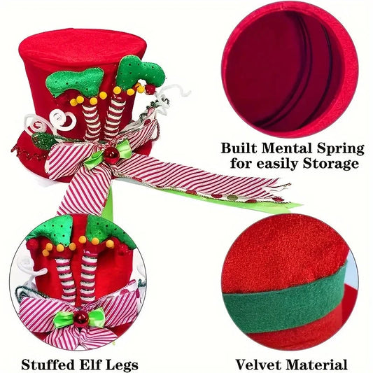 A Christmas tree hat, red and green elf leg hat, sequined striped bow tree hat, perfect for Christmas tree decoration Good Vibrations