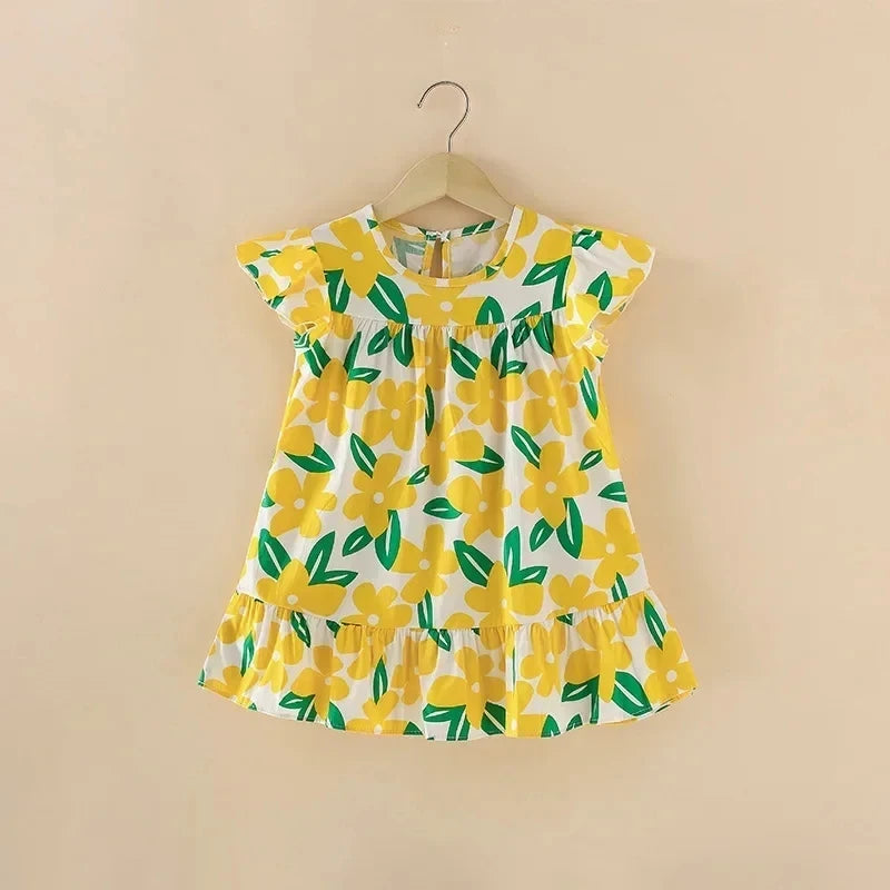 Girl Dresses100% Cotton Children's Clothing Summer Kids Clothes Girls Party Princess Fashion Outfit Flower Pattern Beach Dresses Good Vibrations