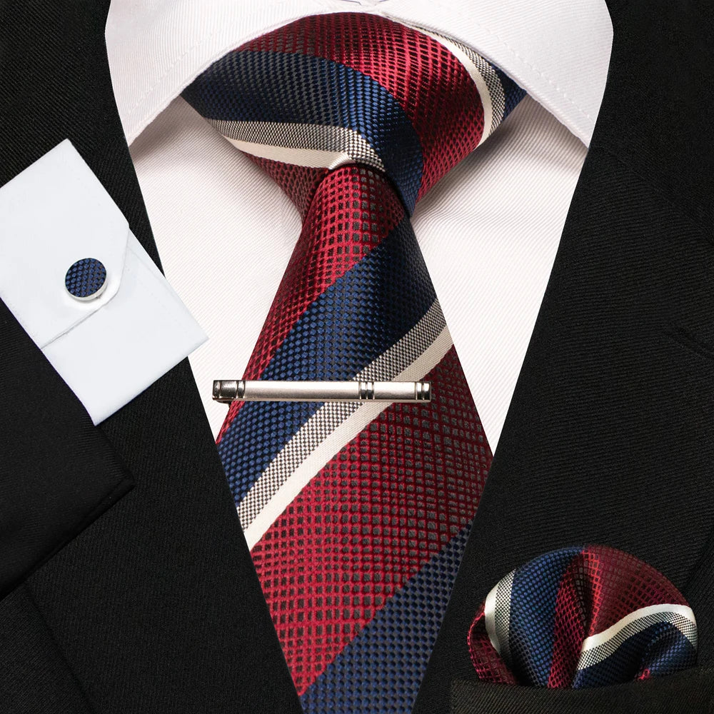8cm Silk Mens Ties Green Black Ties plaid stripe NeckTie Pocket Square Cufflinks Tie clips Set Men's Wedding business Party Tie Good Vibrations
