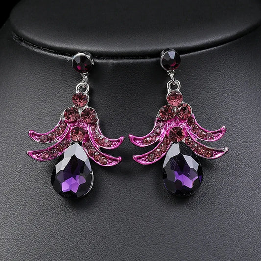 Purple Jewelry Set Wholesale Wedding Accessories Luxury Crystal Rhinestone Flower Statement Earrings and Necklace for Women Good Vibrations