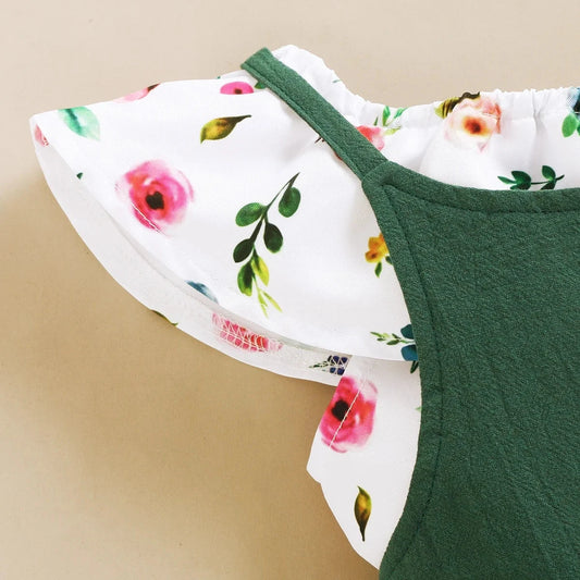 1-5Years Toddler Girl Clothes Set Floral Print Lotus Leaf Sleeve Top+ Suspender Pant Summer Fashion 2PCS Outfits for Kids Girl Good Vibrations