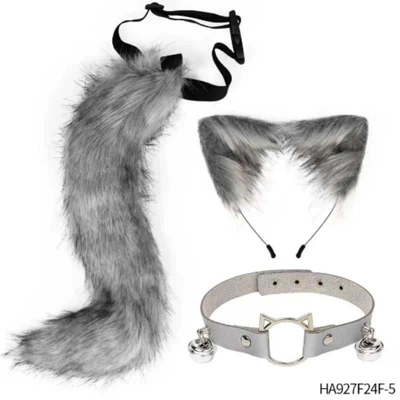 Halloween cosplay costumes contain a furry three-piece set of cat ears and tail neck decorations for party dress-ups Good Vibrations