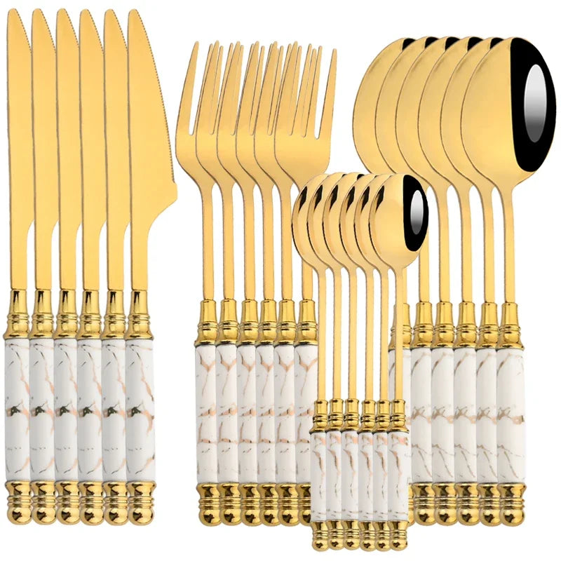 24Pcs Cutlery Set Stainless Steel Dinnerware Kitchen Fork Knife Tea Spoon Tableware Set Flatware Set Gold Silverware Set Good Vibrations
