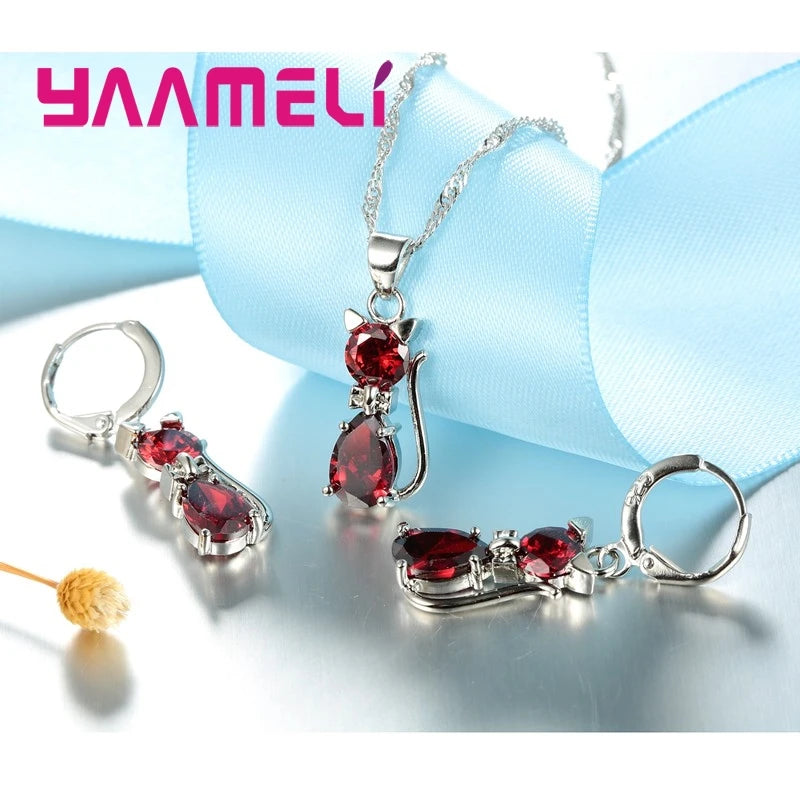Real 925 Sterling Silver Color Jewelry Sets for Woman Girls Shining Austrian Crystal Cute Cat Pendant Necklace Huggie Earring Good Vibrations