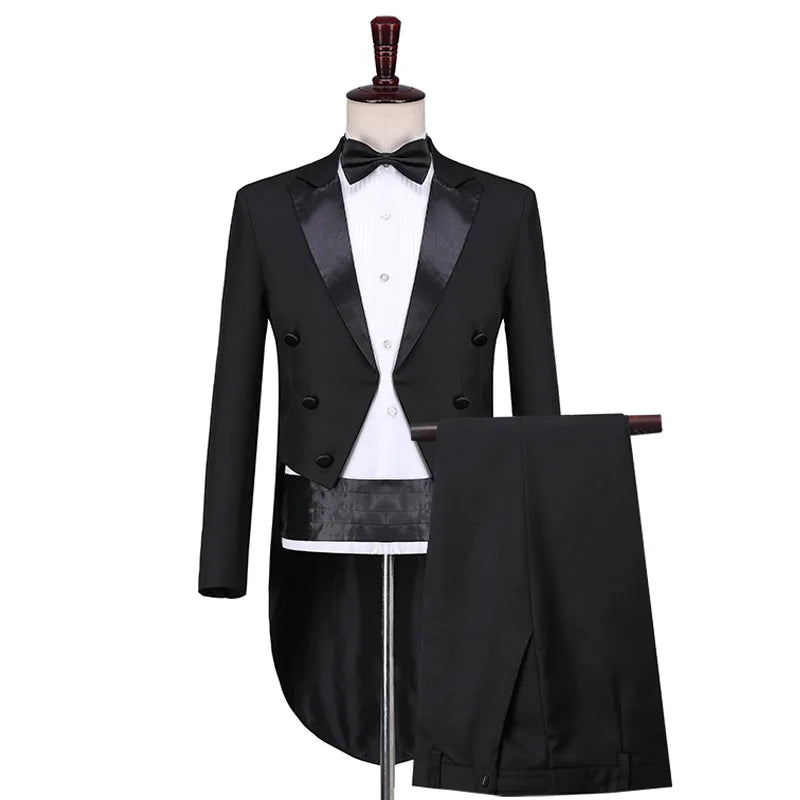 Mens Tuxedo Tailcoat Formal Dress Suits Swallow Tail Coat Navy Blue Male Jacket and Pants Party Wedding Dance Magic Performance Good Vibrations