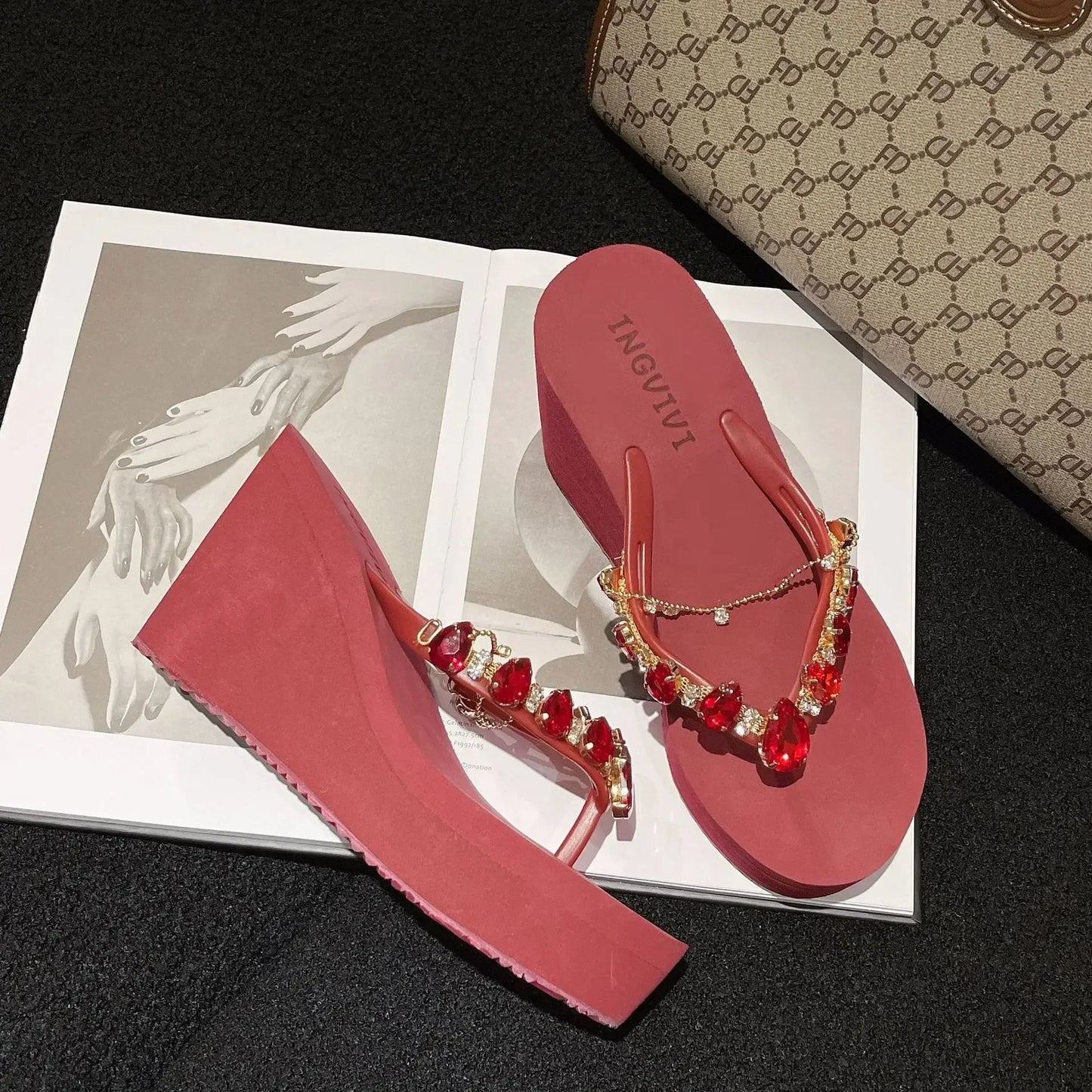 Flip Flops Women New High Heeled Slippers Women Diamond Slope Heel Slippers Elegant Fashion Beach Sandals Womens Sexy Shoes Good Vibrations