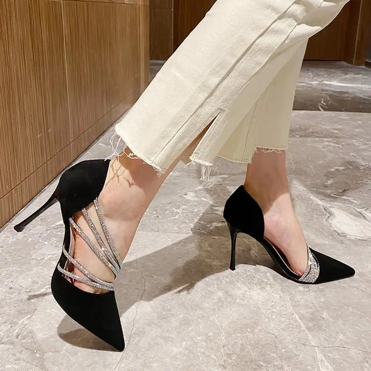Women Evening Party High Heels New Pumps Elegant Ladies Pointed To Black Strappy Stripper Shoes for Women Good Vibrations