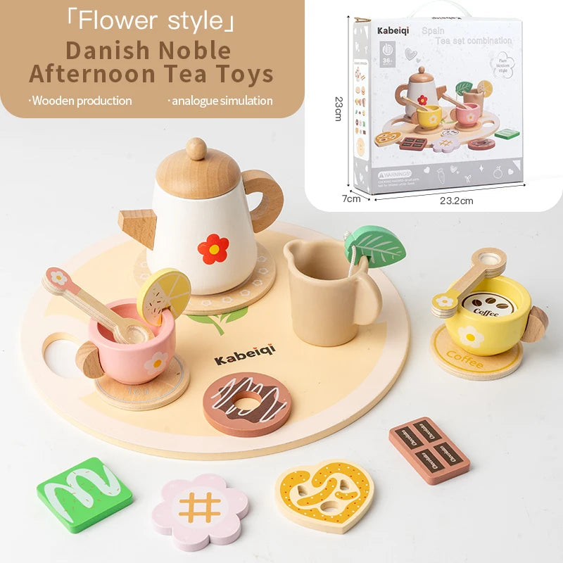 Wooden Kitchen Play Toys Kitchen Simulation Tea Set Afternoon Tea Activity Games Pretend Play Kitchen Accessories Toy for Kids Good Vibrations