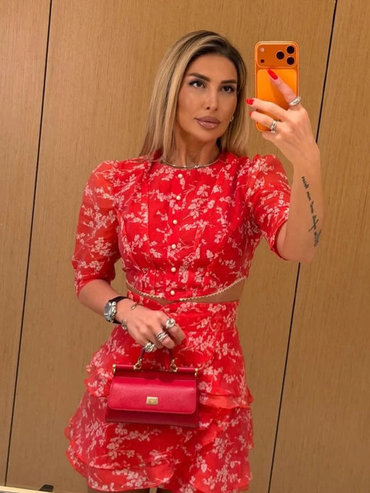 Women's Floral Print Two Piece Set 2026 New Women Puff Sleeve Crop Top + Tiered Ruffle Mini Skirt Casual Vacation Party Outfit Good Vibrations
