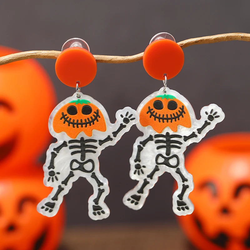 8 pairs of Halloween flame demons, cute little ghosts, acrylic earrings, skull heads, alien spaceships, pumpkin ghosts Good Vibrations