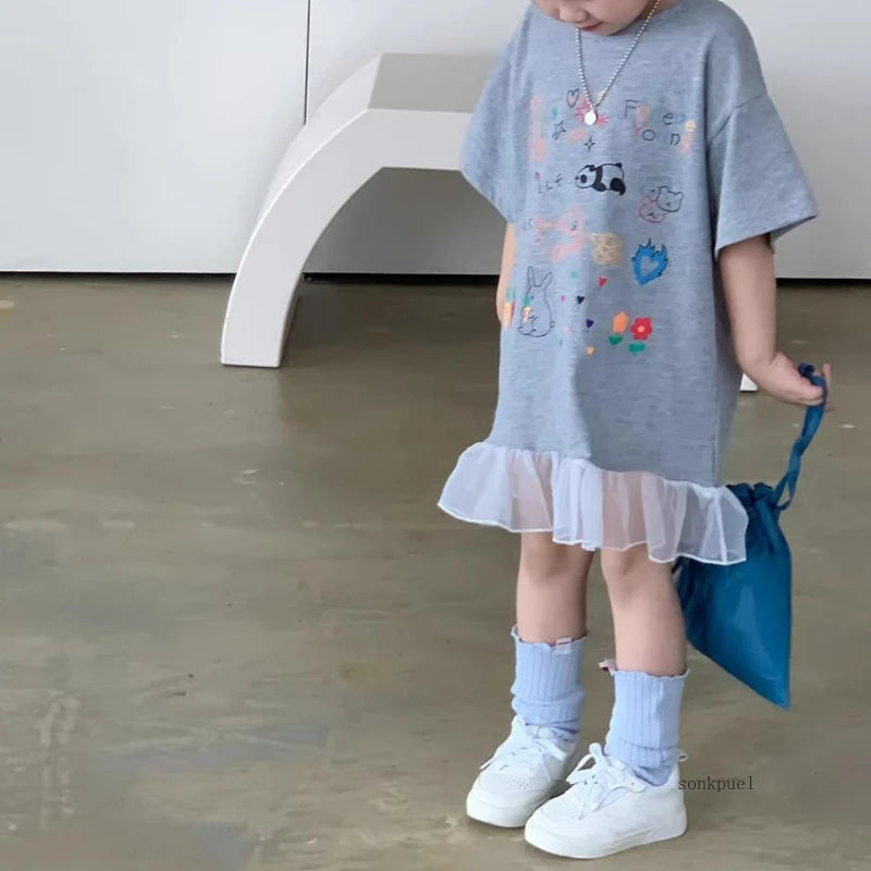 2024 Summer New Girls Short Sleeve Casual Dress Cute Flower Print Children Long T Shirts Loose Kids Princess Dress Girls Clothes Good Vibrations