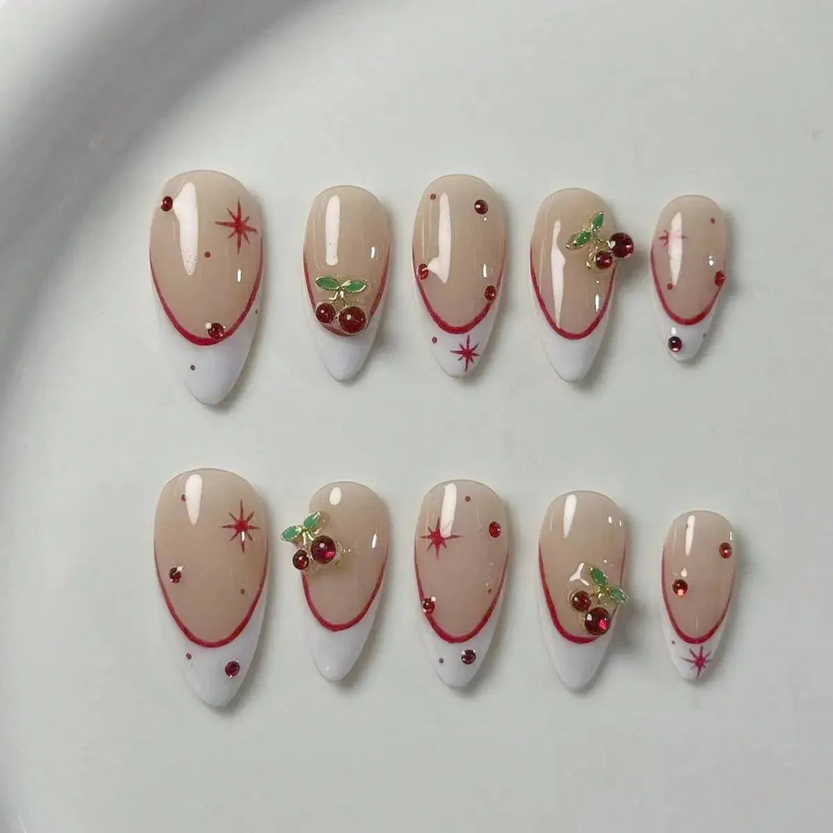 10 pieces of pure handmade almond-shaped nails, with white French tips and red cherry decorations. They are suitable for daily c Good Vibrations