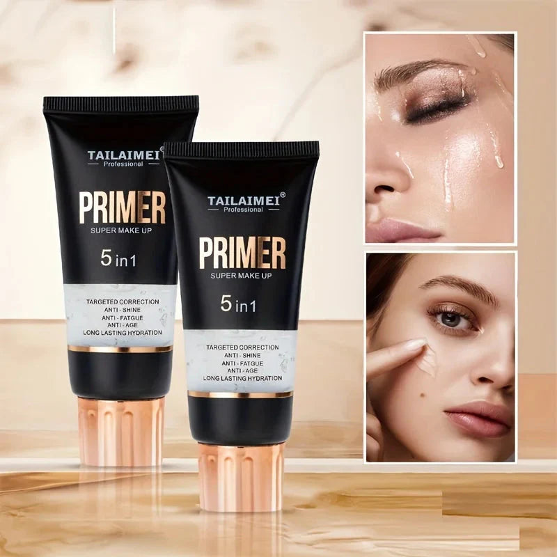Waterproof Base makeup primer tube with close-up of woman applying primer and water-resistant effect on face