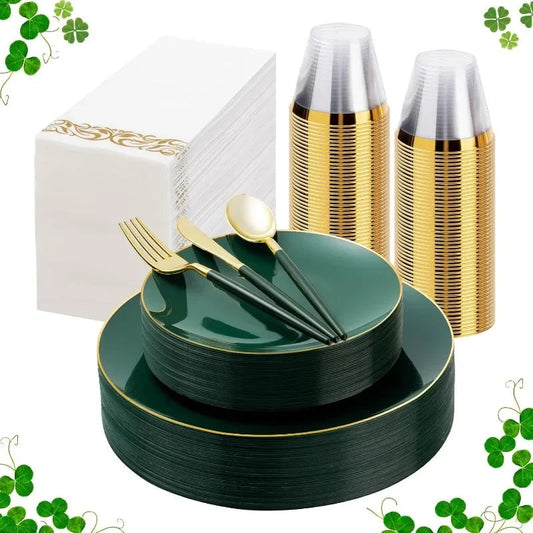 175 Pieces Green Gold Plastic  St. Patrick's Day, Include 5 Dinnerware Set, Green and Gold Disposable Plates for Party, Good Vibrations