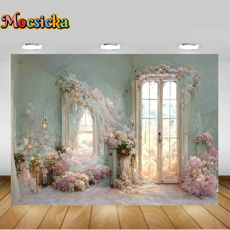 Wedding Floar Photography Backdrop Wooden Door Flower Woman Maternity Portrait Photo Shoot Banner Studio Background Photocall