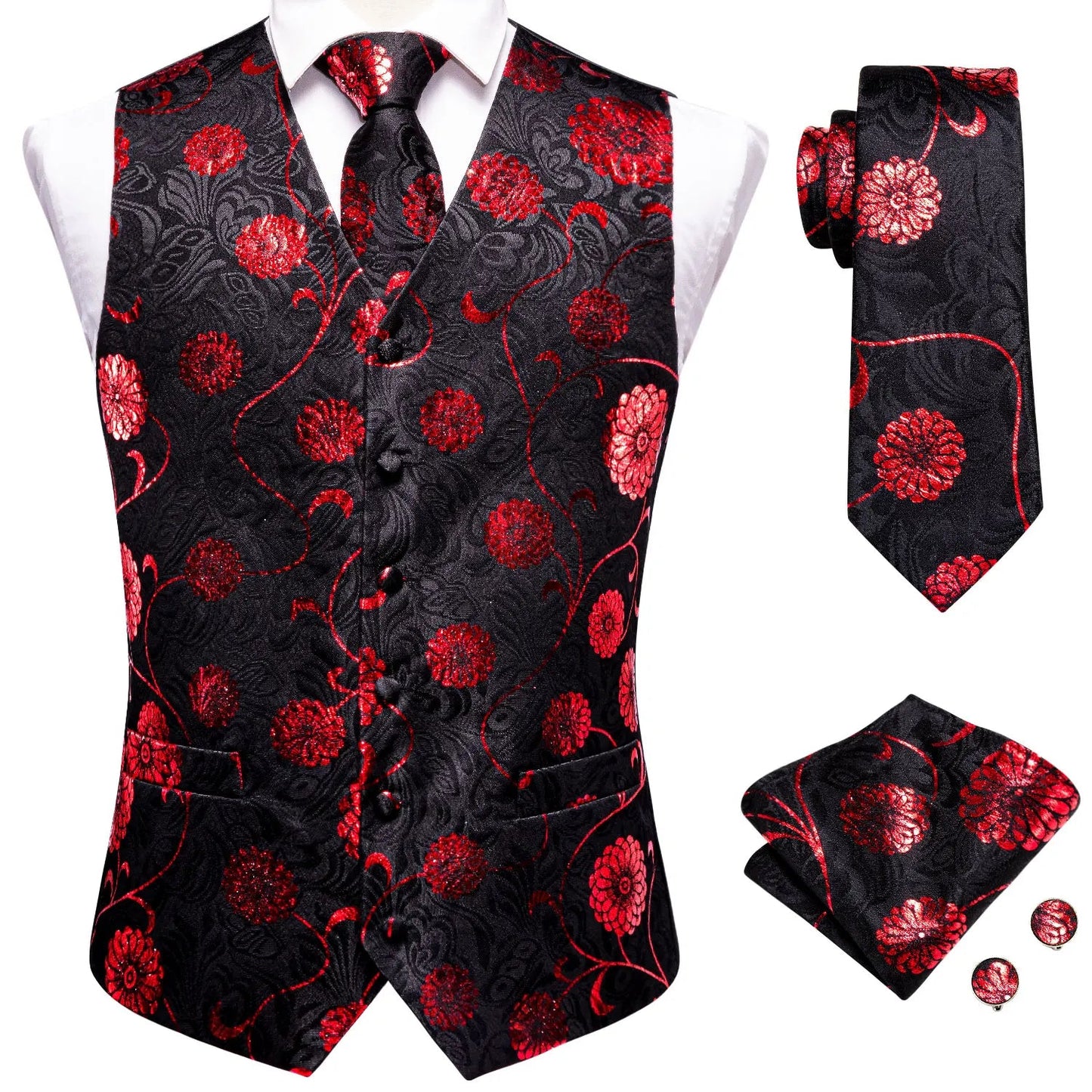 Hi-Tie Black Men Silk Vest Paisley Jacquard Necktie Hankerchief Cufflinks Sets Male Sleeveless V-Neck Waistcoat Business Formal Good Vibrations