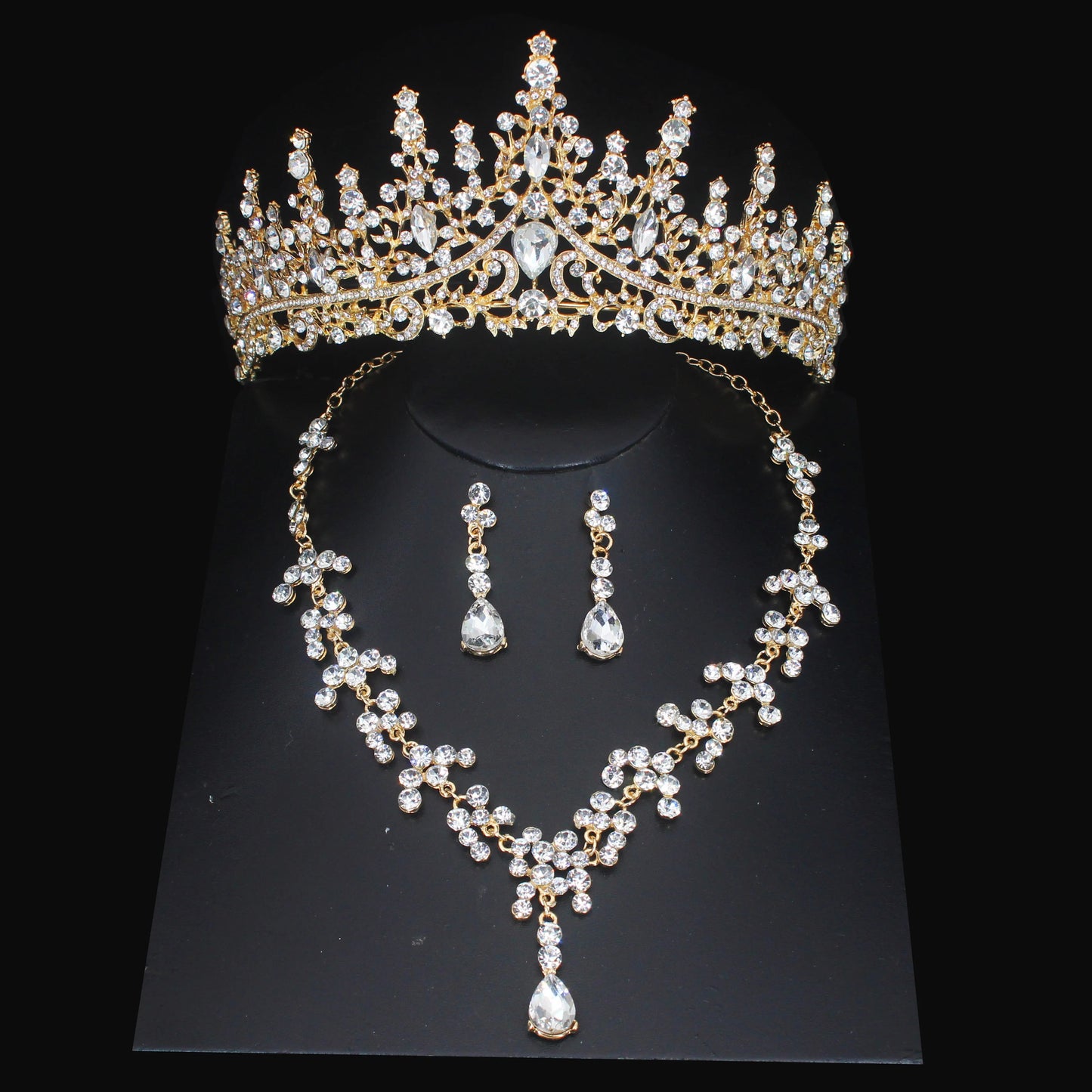 Luxury Crystal Wedding Bridal Jewelry Sets Women/Girl Gold Color Tiara/Crown Earrings Choker Necklace Bride Jewelry Set Good Vibrations Adult Super Store