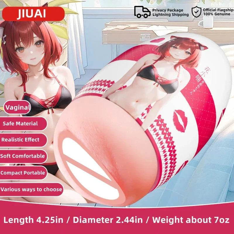 Portable male masturbator mini vagina egg cup with anime design, showcasing features like soft TPE material, realistic feel, and compact size for men.