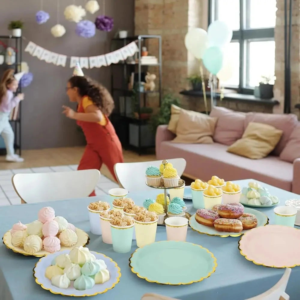 80 Pcs 9 In Pastel Scalloped Paper Plates Dessert Plates 9 Oz Disposable Paper Cup With Metallic Gold Border Pastel Cup Good Vibrations