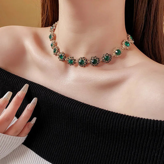 Rhinestone Green Circle Flower Necklace for Women Medieval Vintage Bracelet French Luxury Dainty Earrings Jewelry Sets Wholesale Good Vibrations Adult Super Store