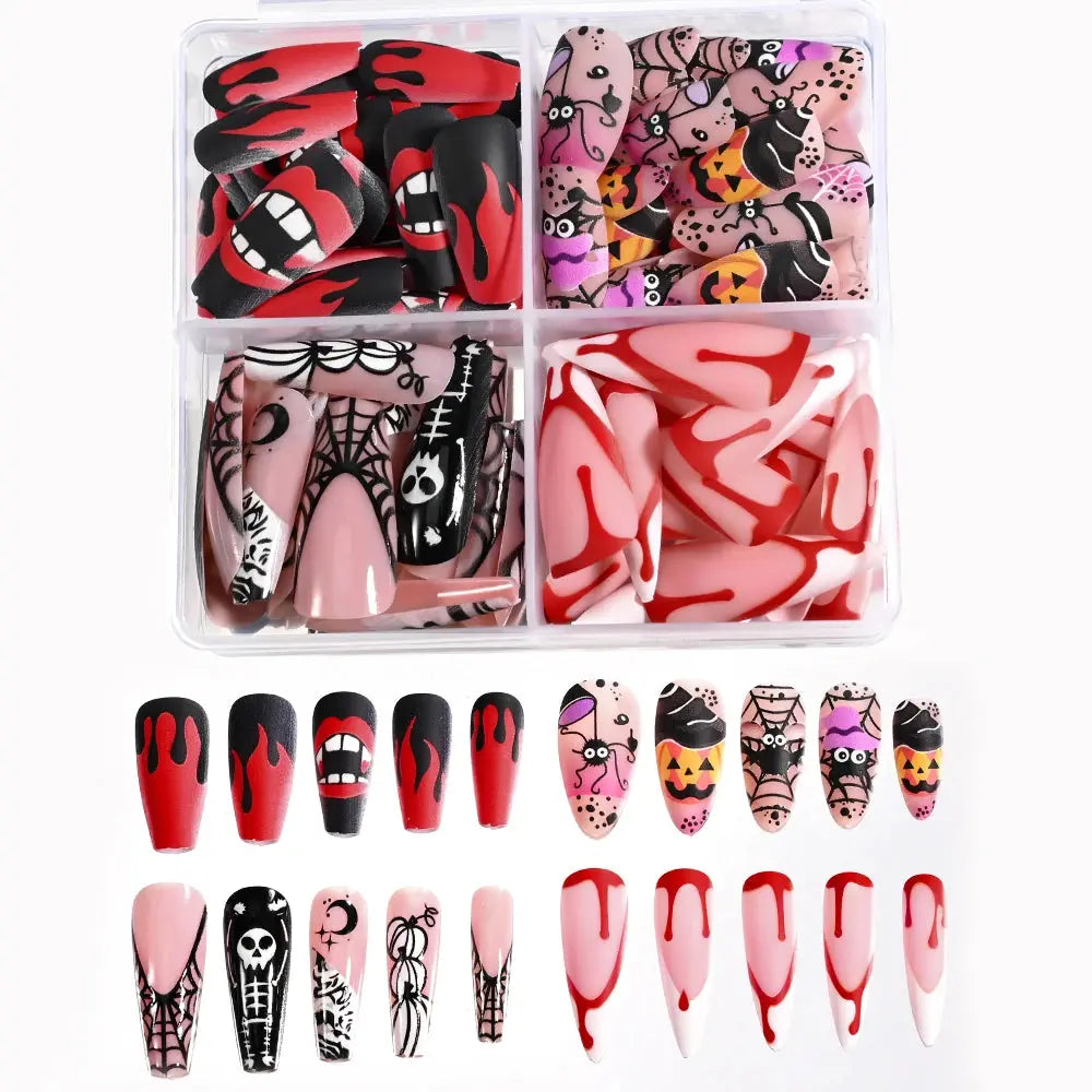 96Pcs Halloween Press on Nails Almond & Coffin Blood Red Nails with Skeleton Fake Nails Design Full Cover Artificial False Nails Good Vibrations