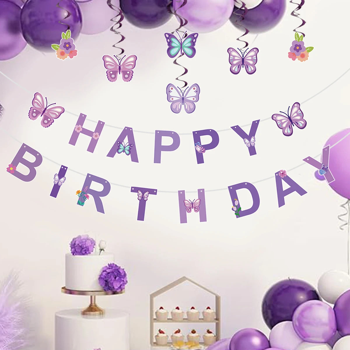 Pink Happy Birthday Banner With Butterfly Dancing Hanging Pendant Garlands  Girls Princess 1st Happy Birthday Party Decorations Good Vibrations