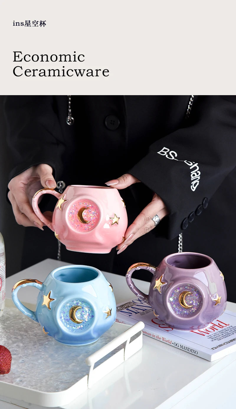 Ceramic Starry Sky Cup Sparkling Cup with High Appearance, Colorful Stars, Creative Birthday Gift, Mug with Hand Gift, Water Cup Good Vibrations Adult Super Store