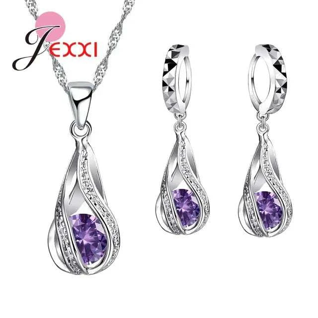8 Colors Best Gift for Women Girls Friends 925 Sterling Silver Jewelry Set CZ Cubic Zircon Water Drop Necklace Dangle Earrings Good Vibrations Adult Super Store
