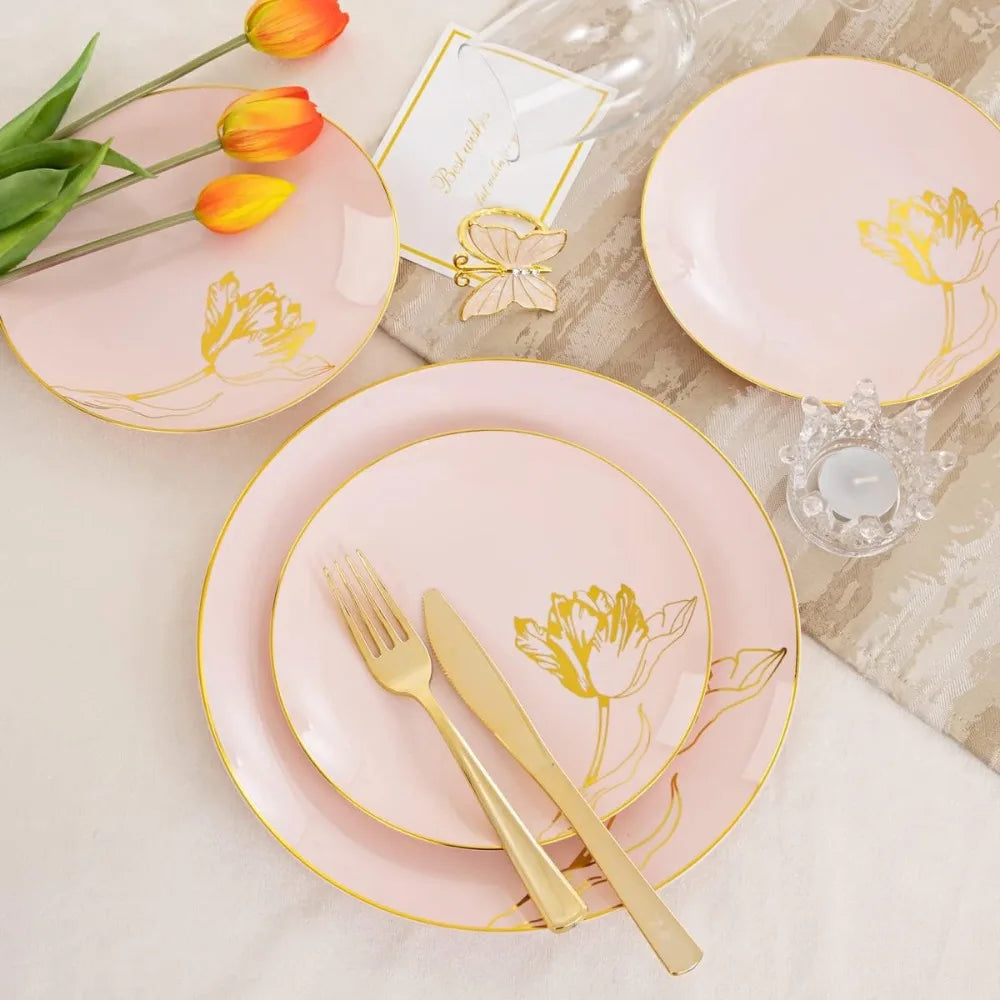 175PCS Pink Plastic Plates-Disposable Plates Include 50Plates, 25Forks, 25Knives, 25Spoons, 25Cups, 25Napkins Perfect Good Vibrations