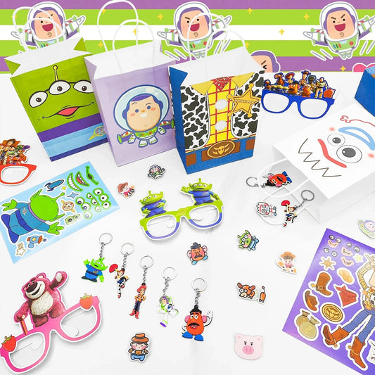 Cartoon Party Favors for Kids, 50pcs Cartoon Birthday Party Favors Set- Cartoon Goodie Bags Key Chains Stickers Photo Props etc Good Vibrations
