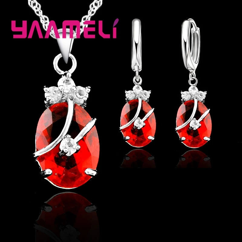 New Fashion Vintage Jewelry Sets For Women 925 Sterling Silver Crystal Stone Pendant Charms Wedding Necklace Hoop Earrings Good Vibrations Adult Super Store