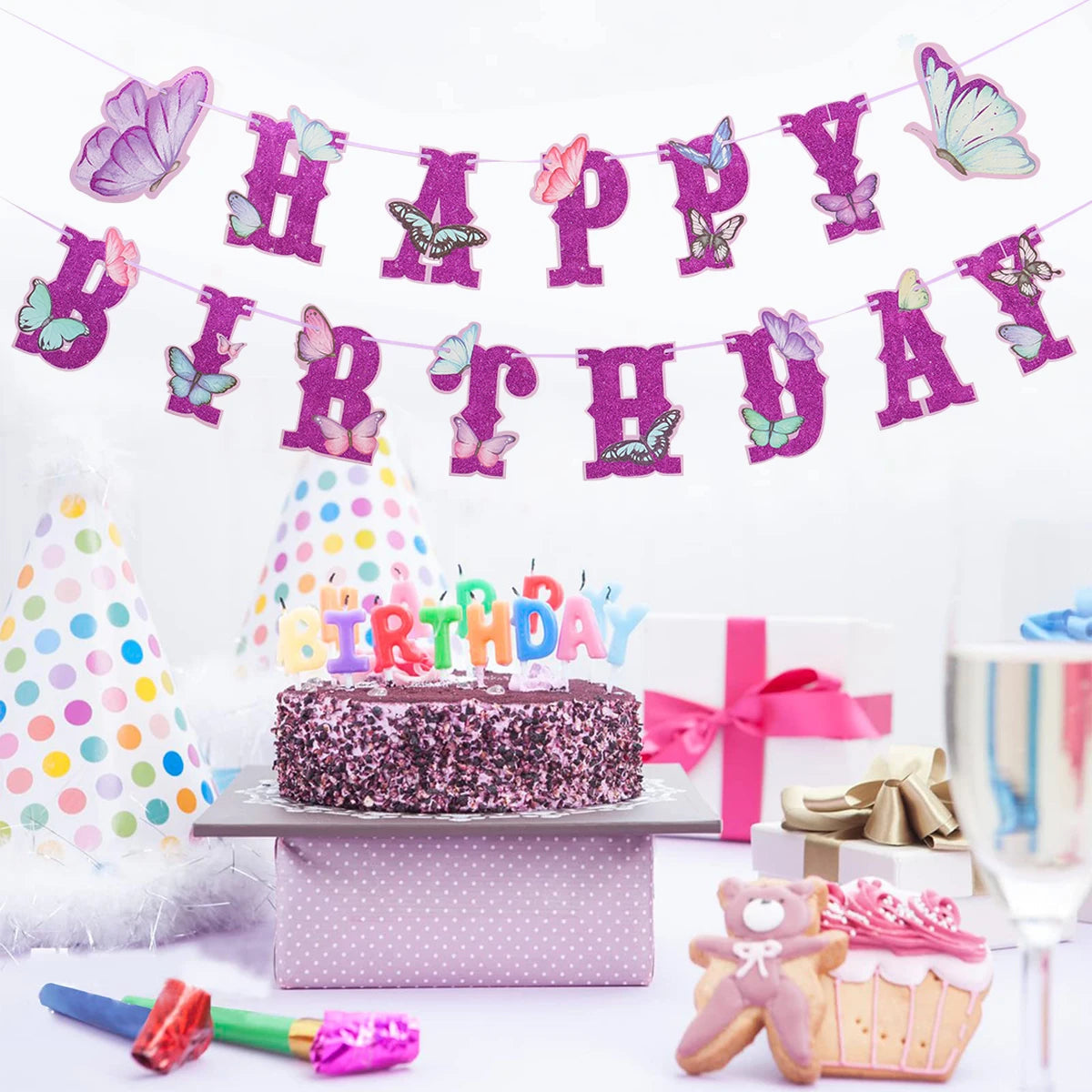 Pink Happy Birthday Banner With Butterfly Dancing Hanging Pendant Garlands  Girls Princess 1st Happy Birthday Party Decorations Good Vibrations