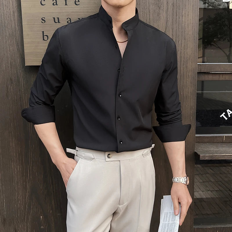New Chinese Style Stand-Up Collar Shirt Luxury Solid Color Long Sleeve Slim Fit Elastic Casual Social Party Shirts Tuxedo 4XL-M Good Vibrations