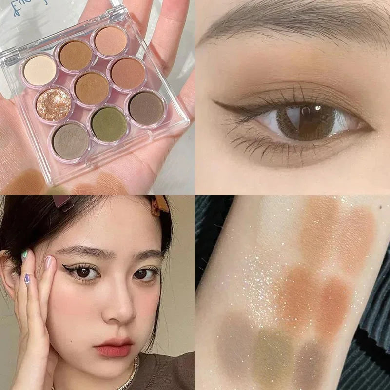 9Colors Glitter Eyeshadow Palette Smoke Purple Lace Shimmer Pearlescent Matte Acrylic Eye Shadows Palette Waterproof Eye Make Up Good Vibrations