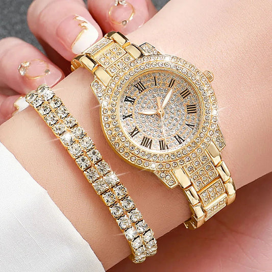 6PCS/Set Fashion Full Diamond Women's Watch Gold Steel Band Quartz Watches Diamond Jewelry Set Good Vibrations