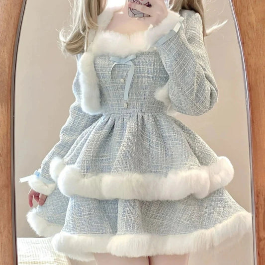 Korean Style Elegant Tweed Plaid Dress Sets Women Plush Patchwork Short Woolen Jackets Sexy Bow Mini Skirt Japanese Fashion Suit Good Vibrations Adult Super Store