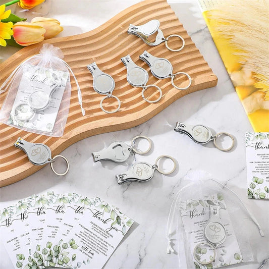 25Sets Nail Clipper Wedding Favors Brewery Cards White Organza Bags Wedding Multi Function Bottle Opener For Party Supplies Good Vibrations