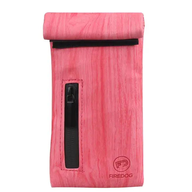 FIREDOG Smoking Smell Proof Pouch, pink PU leather, carbon lined, zipper closure, odor protection.
