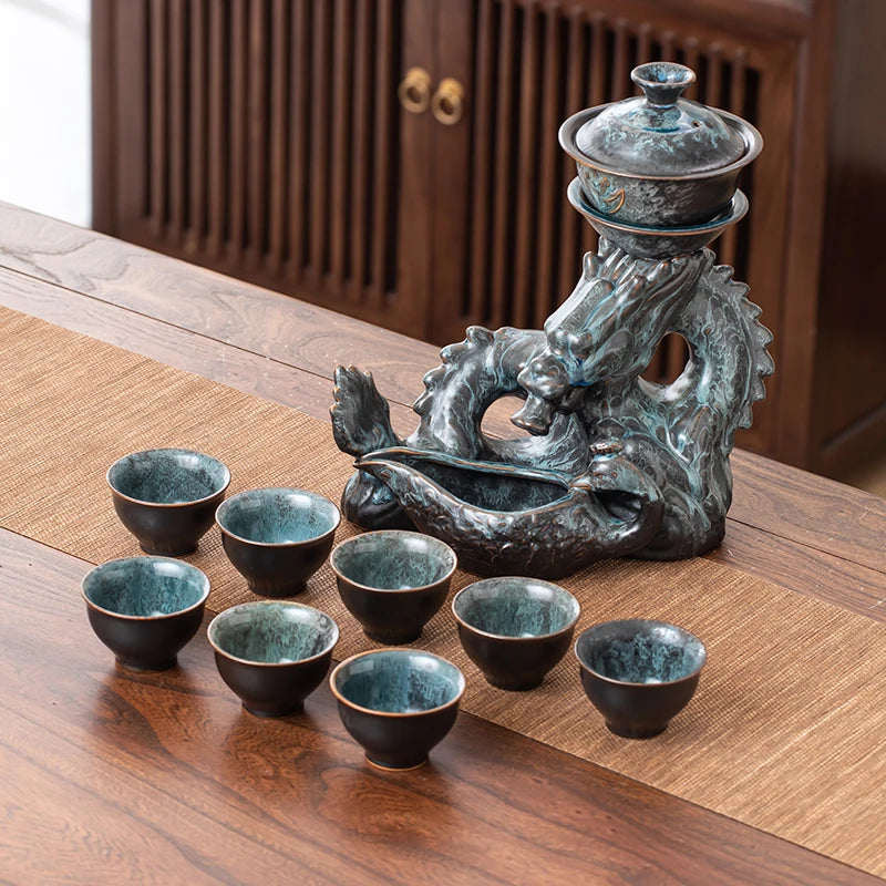 1 Set of Rotating Teapot, Ceramic Kiln Turns into Phoenix and Auspicious Teapot Set, Semi-Automatic Tea Set, Lazy Kung Fu Tea Set, All in One Coffee Drink Set, Novelty Tea Gift Good Vibrations