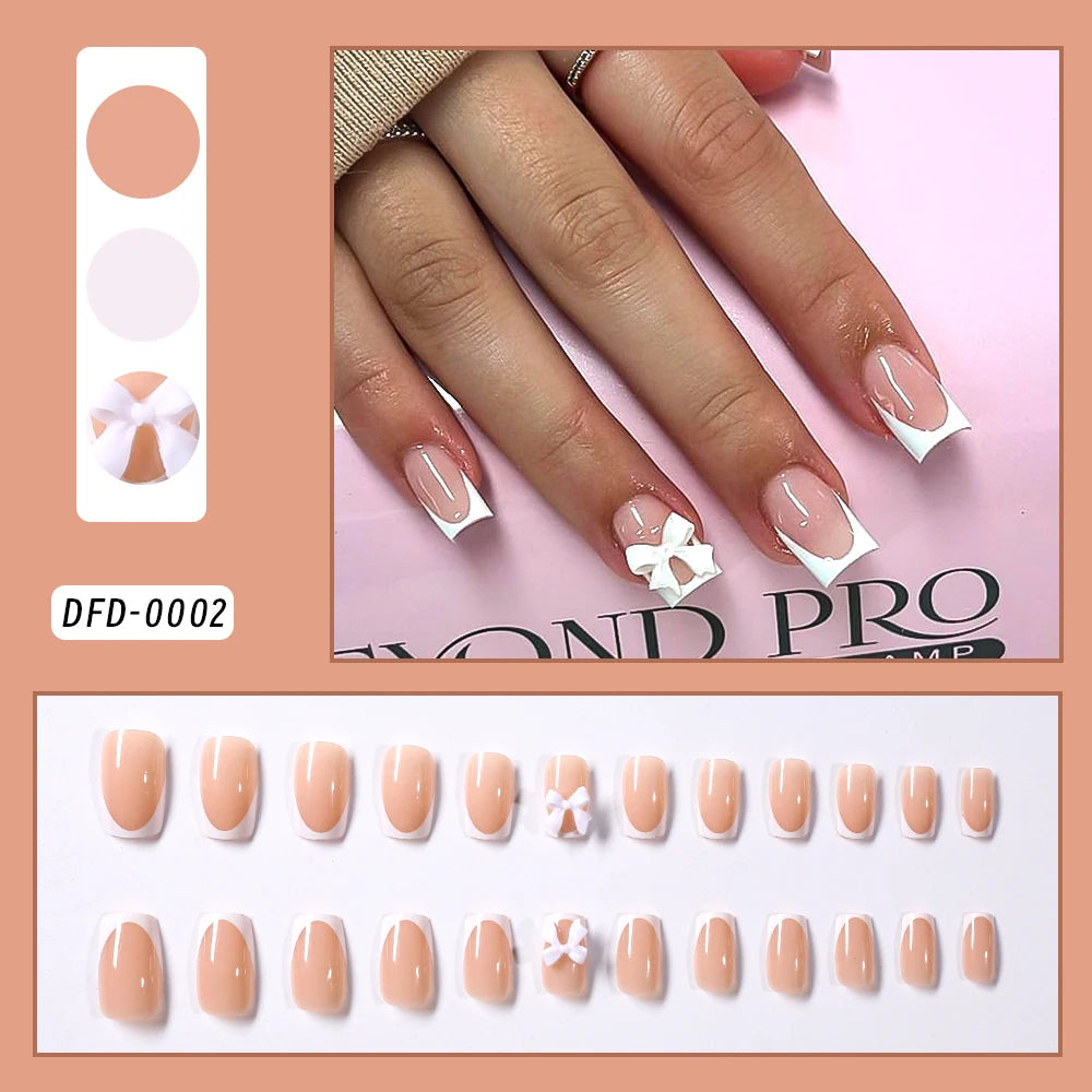 24Pcs Pink Leopard Print French Tips False Nails Short Square Head 3D Black Bowknot Fake Nails Acrylic Full Cover Press on Nails Good Vibrations