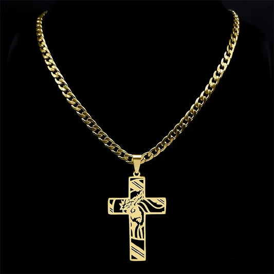 Hip Hop Punk Crown of Thorns Jesus Cross Necklace for Men Stainless Steel Gold Plated Crucifix Pendant Necklaces Jewelry N8052 Good Vibrations