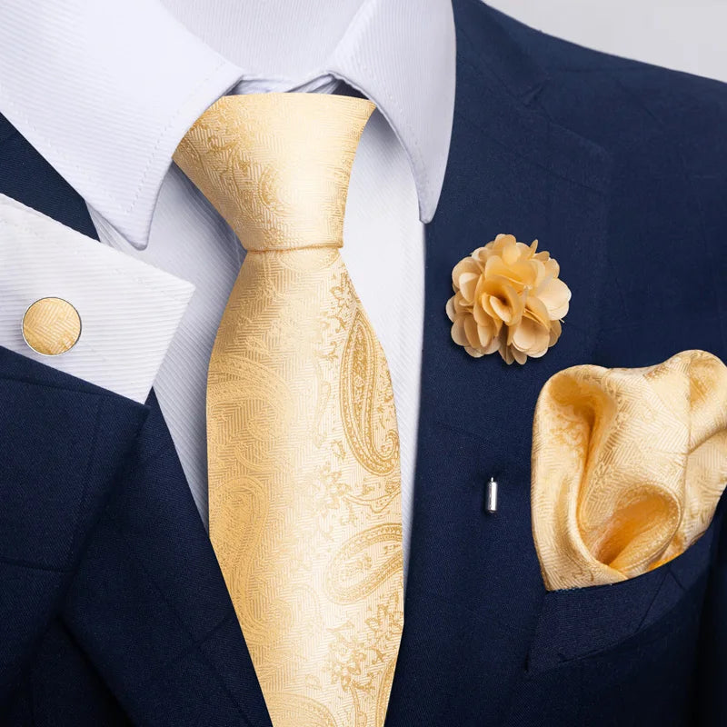 Luxury Mens Ties Floral Black Gold Ties Paisley NeckTie Pocket Square Cufflinks Brooch Set Men's Wedding Party Tie Good Vibrations