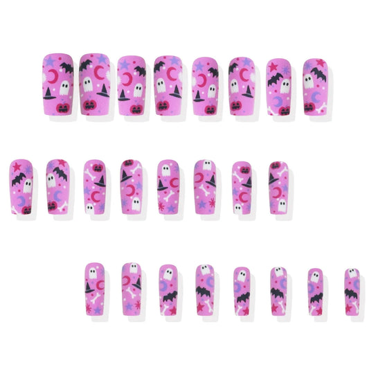 24pcs Pink Long Coffin Fake Nail Tips Halloween Ghost Bat Print Press on Nail Wearable Detachable European Long False Nails Good Vibrations