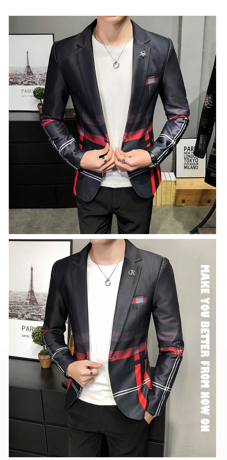 Blazer Men Boutique Fashion Plaid Men's Slim Casual Suit Jacket Male Ball Social Blazer Suit Coat Host Clothing Good Vibrations